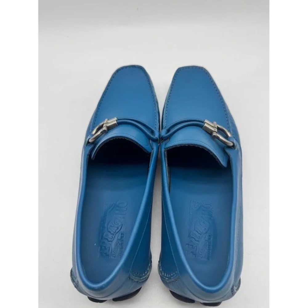 Salvatore Ferragamo Paris Blue Leather Gancini Driver Loafers MS 40988 Mens 8.5D